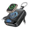 P007 Mini-powerbank 10000mAh met USB-C, Lightning-kabels en draadloos opladen voor Apple Watch - Zwart