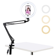 PULUZ 10.2" 26cm Ring Gebogen Licht + Desktop Arm Stand USB 3 Modes Dimbare Dual Kleurtemperatuur LED Vlogging Selfie Fotografie Videolampen met Telefoonklem