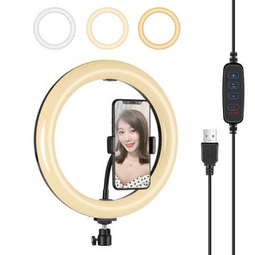 PULUZ PU397 10-inch 3-Modi Dimbare LED Ring Fotografie Video Licht met Mobiele Telefoon Clip voor Vloggen - Zwart