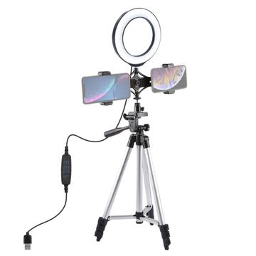 PULUZ Statiefbevestiging + Live Broadcast Dubbele Telefoonbeugel + 6.2" 16cm LED Ring Vlogging Video Light Kits
