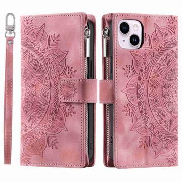 Phone Shell for iPhone 14 Plus, Anti-scratch Mandala Flower Imprinted PU Leather Cover Stand with Multiple Card Slots Zipper Pocket Wallet Case - Rose Gold