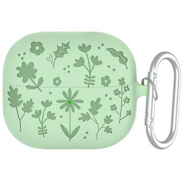 Samsung Galaxy Buds3/Buds3 Pro Vloeibaar Siliconen Hoesje met Bloempatroon en Karabijnhaak - Groen