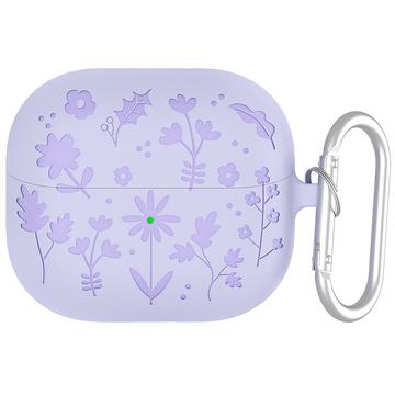 Samsung Galaxy Buds3/Buds3 Pro Vloeibaar Siliconen Hoesje met Bloempatroon en Karabijnhaak - Lichtpaars
