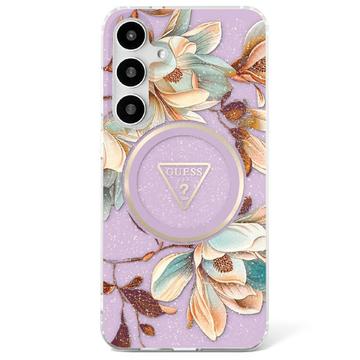 Samsung Galaxy S25 Guess Glitter Flowers Triangle Buttons MagSafe Hoesje - Paars