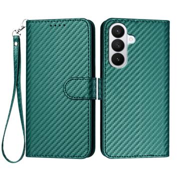 Samsung Galaxy S26 Pro Premium Portemonnee Hoesje met Riem - Koolstofvezel Textuur - Koolstofgroen