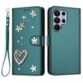 Samsung Galaxy S26 Ultra portemonneehoesje met hartjes en bloemen - Groen