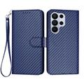 Samsung Galaxy S26 Ultra Premium Portemonnee Hoesje met Riem - Koolstofvezel Textuur - Koolstofblauw