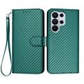 Samsung Galaxy S26 Ultra Premium Portemonnee Hoesje met Riem - Koolstofvezel Textuur - Koolstofgroen