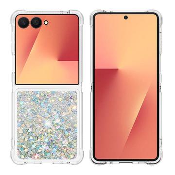 Samsung Galaxy Z Flip7 Glitter Quicksand TPU Hoesje - Zilveren Harten