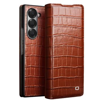 Samsung Galaxy Z Fold6 Qialino Classic Leren Flip Hoesje - Krokodil - Donkerbruin