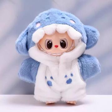 Haaien jumpsuit met capuchon voor Labubu pop 17cm - Blauw / Wit