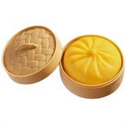 Effen gekleurde, zachte stressbal in de vorm van een dumpling met stoomkistje - geel
