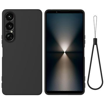 Sony Xperia 1 VII Vloeibare siliconen hoesje met polsbandje - Zwart