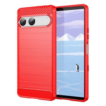 Sony Xperia 10 VII Geborsteld TPU Hoesje - Koolstofvezel - Rood