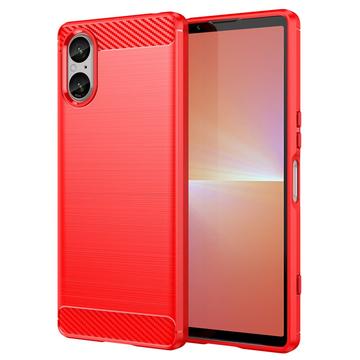 Sony Xperia 5 V Geborsteld TPU Hoesje - Koolstofvezel - Rood