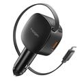 Spigen EV603BT Essential-autolader 60W met intrekbare USB-C-kabel, USB-C/USB-A-poorten - zwart