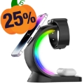 T17 3-in-1 RGB Licht Magnetische Draadloze Oplader voor iPhone 12 / 13 / 14 / 15 / 16-serie Desktop Snel Opladen Stand Compatibel met MagSafe - Zwart