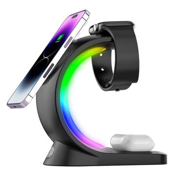 T17 3-in-1 RGB Licht Magnetische Draadloze Oplader voor iPhone 12 / 13 / 14 / 15 / 16-serie Desktop Snel Opladen Stand Compatibel met MagSafe - Zwart