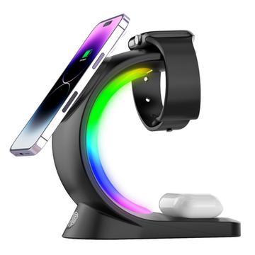 T17 3-in-1 RGB Licht Magnetische Draadloze Oplader voor iPhone 12 / 13 / 14 / 15-serie Desktop Snel Opladen Stand Compatibel met MagSafe - Zwart