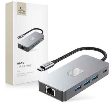 Tech-Protect HB05 9-in-1 USB-C Hub Adapter met HDMI 4K 60Hz, SD/TF-kaartlezers, USB-C 100W PD, RJ45 Ethernet, USB 3.0/2.0 - ruimtegrijs