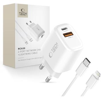 Tech-Protect NCA30 Dual-Port PD 30W/QC3.0 Oplader met Lightning-kabel - Wit