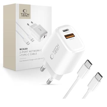 Tech-Protect NCA30 Dual-Port PD 30W/QC3.0 Oplader met USB-C Kabel - Wit
