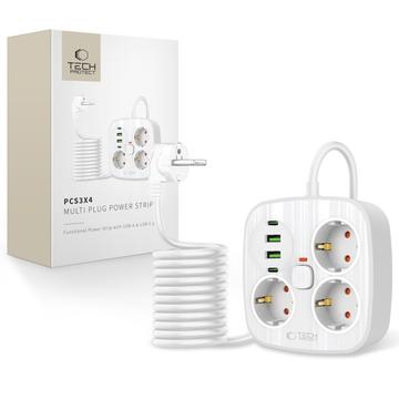 Tech-Protect PCS3X4 stekkerdoos - 3 stopcontacten, 2 USB-A & 2 USB-C poorten, 2m kabel - Wit