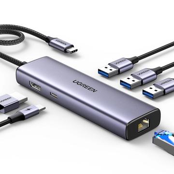 Ugreen CM512 7-in-1 USB-C Hub - 3x USB-A, 1x USB-C, 1x HDMI, 1x RJ45 - Grijs