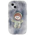 3D Plush Harige Winter iPhone 14 Plus TPU Hoesje - Grijs Spaceman