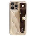 iPhone 14 Pro Max Hybride Hoesje met Polsbandje en Imitatieparel - Beige