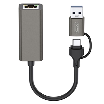 XO HUB018 2-in-1 USB-C / USB-A naar Ethernet-adapter - RJ45, 100Mbps - Grijs