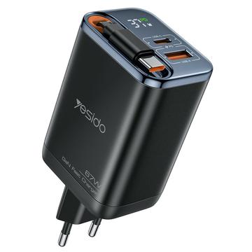 Yesido YC100 67W snelle oplader met intrekbare USB-C kabel - Zwart
