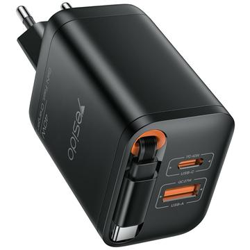 Yesido YC99 40W snelle oplader met intrekbare USB-C kabel - Zwart