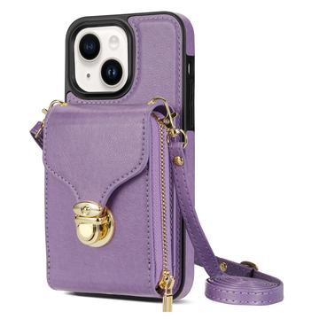 iPhone 14 Plus alles-in-één hoesje met portemonnee en riem - paars