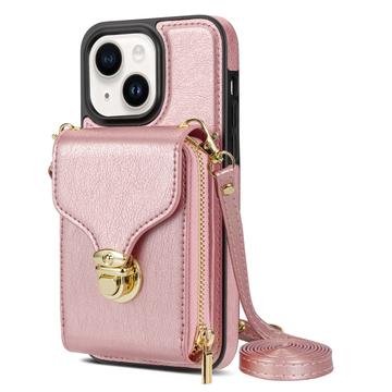 iPhone 14 Plus alles-in-één hoesje met portemonnee en riem - Roségoud