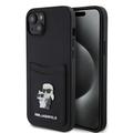 iPhone 15 Karl Lagerfeld Saffiano Metalen Karl & Choupette Case met kaartsleuf - Zwart