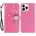 iPhone 15 Pro Uil Strass Portemonnee Hoesje - Hot Pink