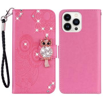 iPhone 15 Pro Uil Strass Portemonnee Hoesje - Hot Pink