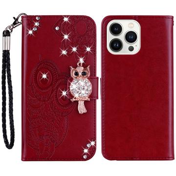 iPhone 15 Pro Uil Strass Portemonnee Hoesje - Rood