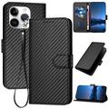 iPhone 15 Pro Premium Portemonnee Hoesje met Riem - Koolstofvezelstructuur - Koolstof Zwart
