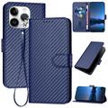 iPhone 15 Pro Premium Portemonnee Hoesje met Riem - Koolstofvezel Textuur - Koolstofblauw