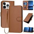 iPhone 15 Pro Premium Portemonnee Hoesje met Riem - Koolstofvezel Textuur - Koolstofkoffie