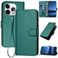 iPhone 15 Pro Premium Portemonnee Hoesje met Riem - Koolstofvezel Textuur - Koolstofgroen