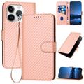 iPhone 15 Pro Premium Portemonnee Hoesje met Riem - Koolstofvezel Textuur - Koolstofroze