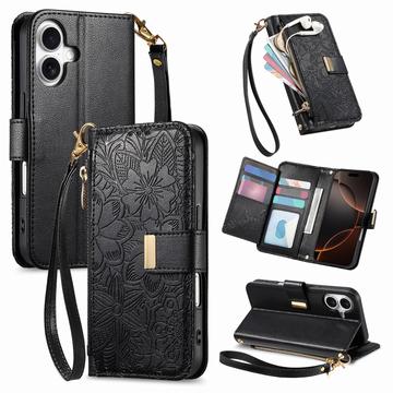 iPhone 16 Portemonnee Hoesje met bloemen en bladmotief met Ritszakje & Polsband