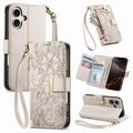 iPhone 16 Portemonnee Hoesje met bloemen en bladmotief met Ritszakje & Polsband - Wit