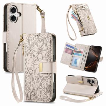 iPhone 16 Portemonnee Hoesje met bloemen en bladmotief met Ritszakje & Polsband - Wit