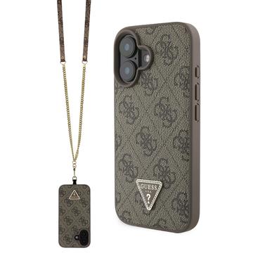iPhone 16 Guess 4G Strass Triangle Metal Logo Hoesje met Crossbody-band - Bruin