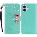 iPhone 16 Uil Strass Portemonnee Hoesje - Cyaan