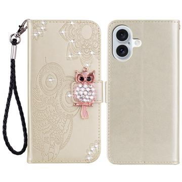 iPhone 16 Uil Strass Portemonnee Hoesje - Goud